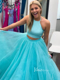 Glittery Aqua Blue Two Piece Prom Dresses Halter Neck FD2714-prom dresses-Viniodress-Aqua-Custom Size-Viniodress