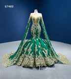 Glittery Gold Mermaid Pageant Gown Green Cape Sleeve Wedding Dress 67483