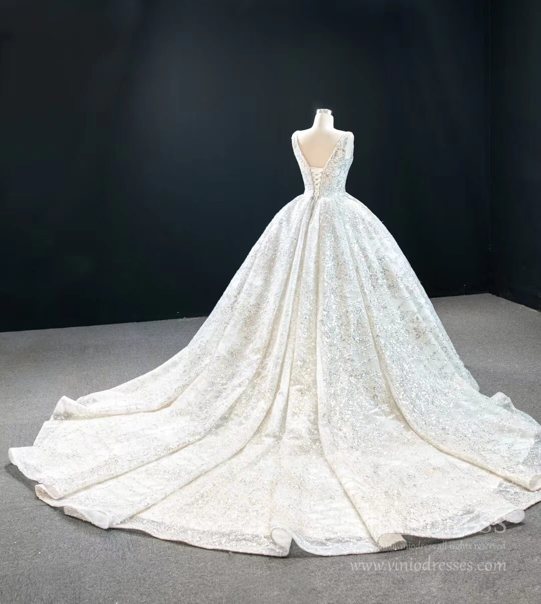 Glittery Sequin Wedding Dresses Squre Neck Bridal Gown with Long Tail VW1762-wedding dresses 2025 -Viniodress-Ivory-Custom Size-