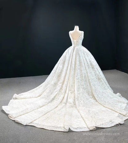 Glittery Sequin Wedding Dresses Squre Neck Bridal Gown with Long Tail VW1762-wedding dresses 2025 -Viniodress-Ivory-Custom Size-