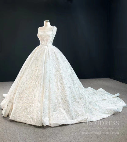 Glittery Sequin Wedding Dresses Squre Neck Bridal Gown with Long Tail VW1762-wedding dresses 2025 -Viniodress-Ivory-Custom Size-