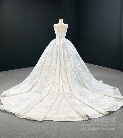 Glittery Sequin Wedding Dresses Squre Neck Bridal Gown with Long Tail VW1762-wedding dresses 2025 -Viniodress-Ivory-Custom Size-