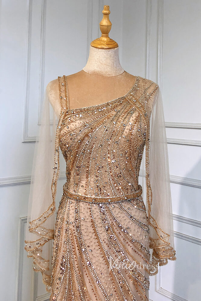Gold Beaded Evening Dresses Sheath Long Sleeve Pageant Dress FD3015-prom dresses-Viniodress-Viniodress