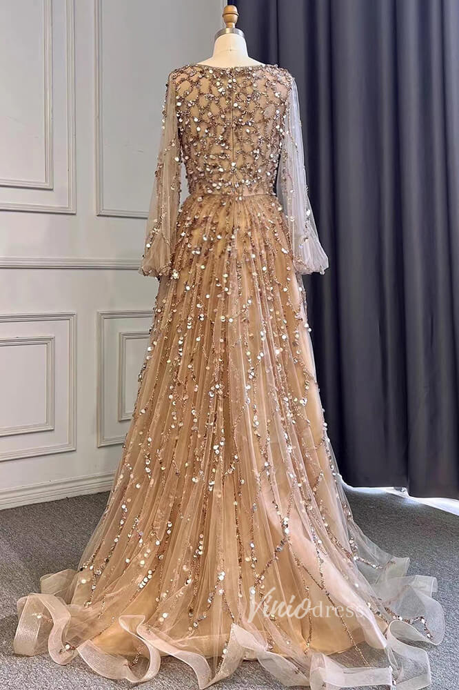 Gold Beaded Long Sleeve Evening Dresses A-Line Boat Neck Pageant Dress FD3009-prom dresses-Viniodress-Viniodress