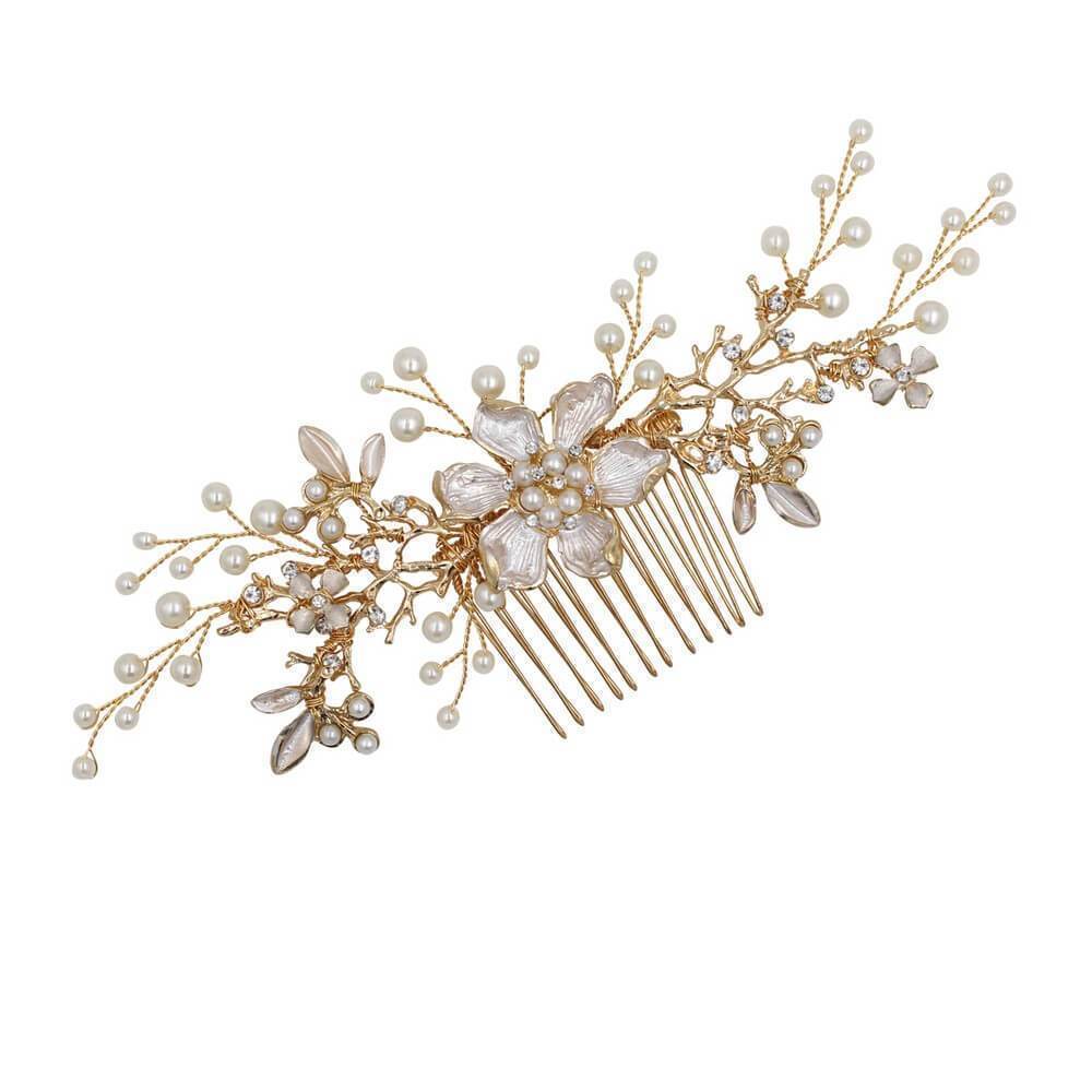 Gold Blossom Bridal Comb with Pearl Spray AC1202-Headpieces 2025 -Viniodress-As Picture-