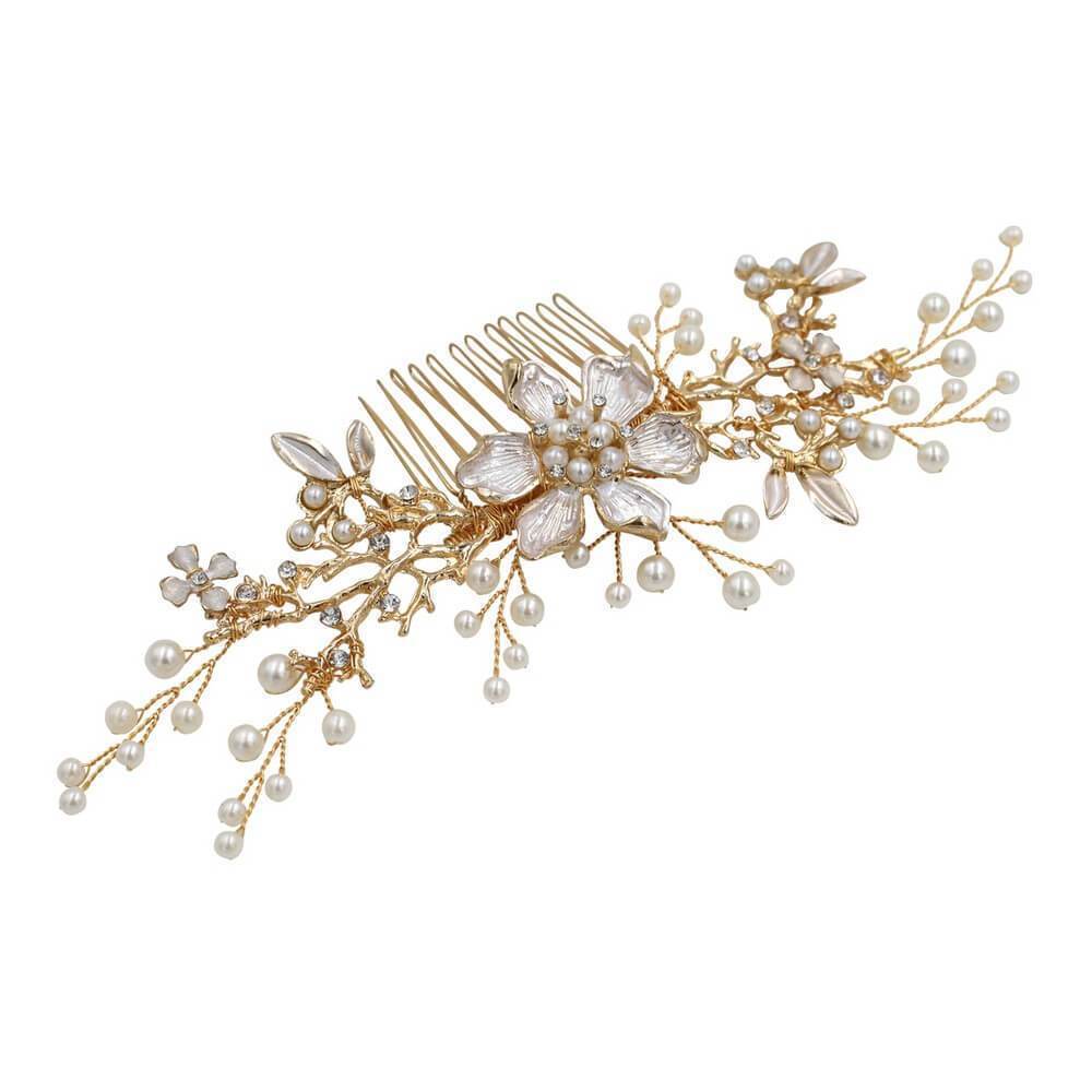 Gold Blossom Bridal Comb with Pearl Spray AC1202-Headpieces-Viniodress-As Picture-Viniodress