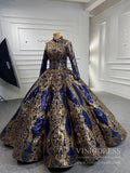 Gold Blue Muslim Wedding Dress Long Sleeve Ball Gown 67026 high neck-Quinceanera Dresses-Viniodress-Viniodress