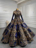 Gold Blue Muslim Wedding Dress Long Sleeve Ball Gown 67026 high neck