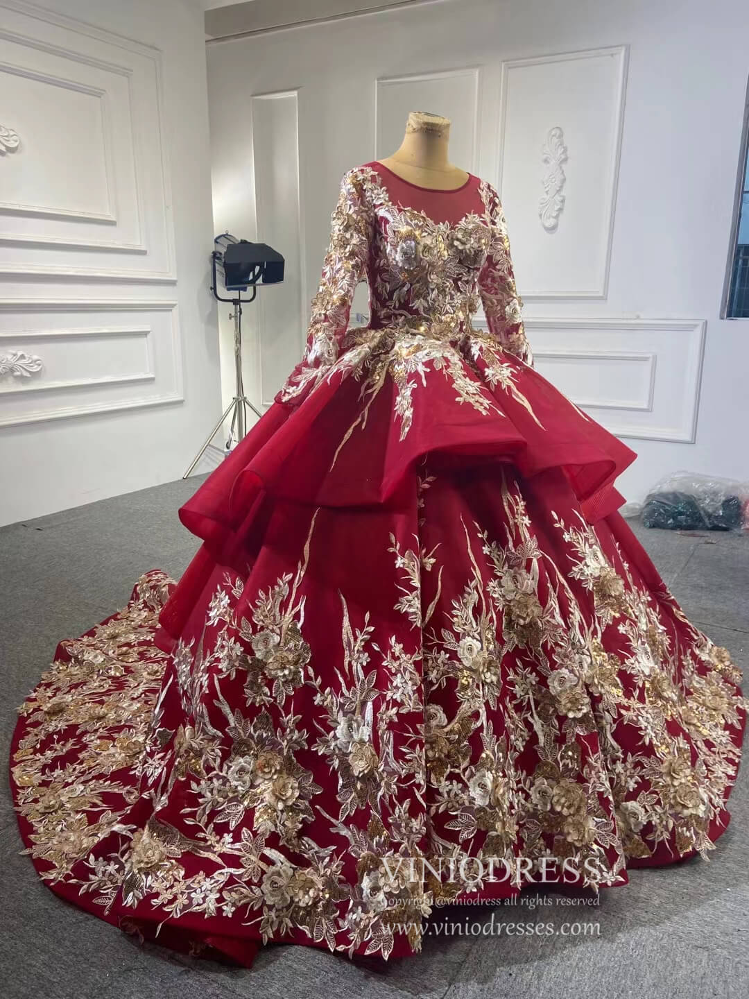 Gold Floral Red Ball Gown Wedding Dress Vintage Quince Dress 67467-Quinceanera Dresses-Viniodress-Viniodress