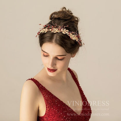 Gold Leaf and Burgundy Stone Spray Hair Vine AC1200-Headpieces 2025 -Viniodress-Headband-