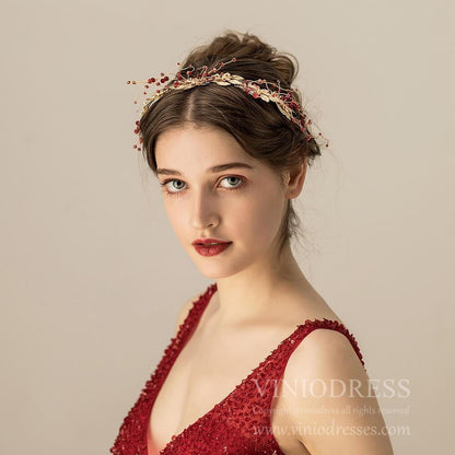Gold Leaf and Burgundy Stone Spray Hair Vine AC1200-Headpieces 2025 -Viniodress-Headband-