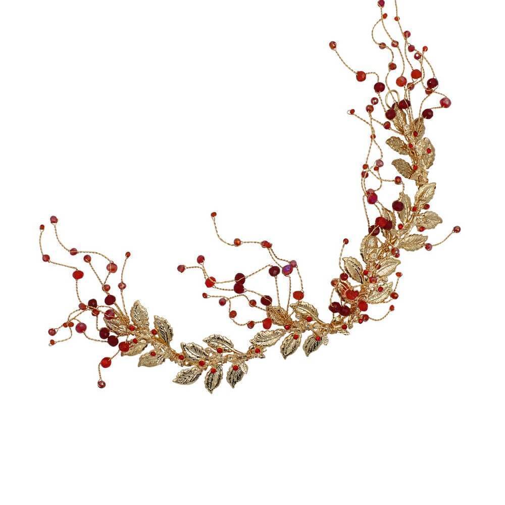 Gold Leaf and Burgundy Stone Spray Hair Vine AC1200-Headpieces 2025 -Viniodress-Headband-