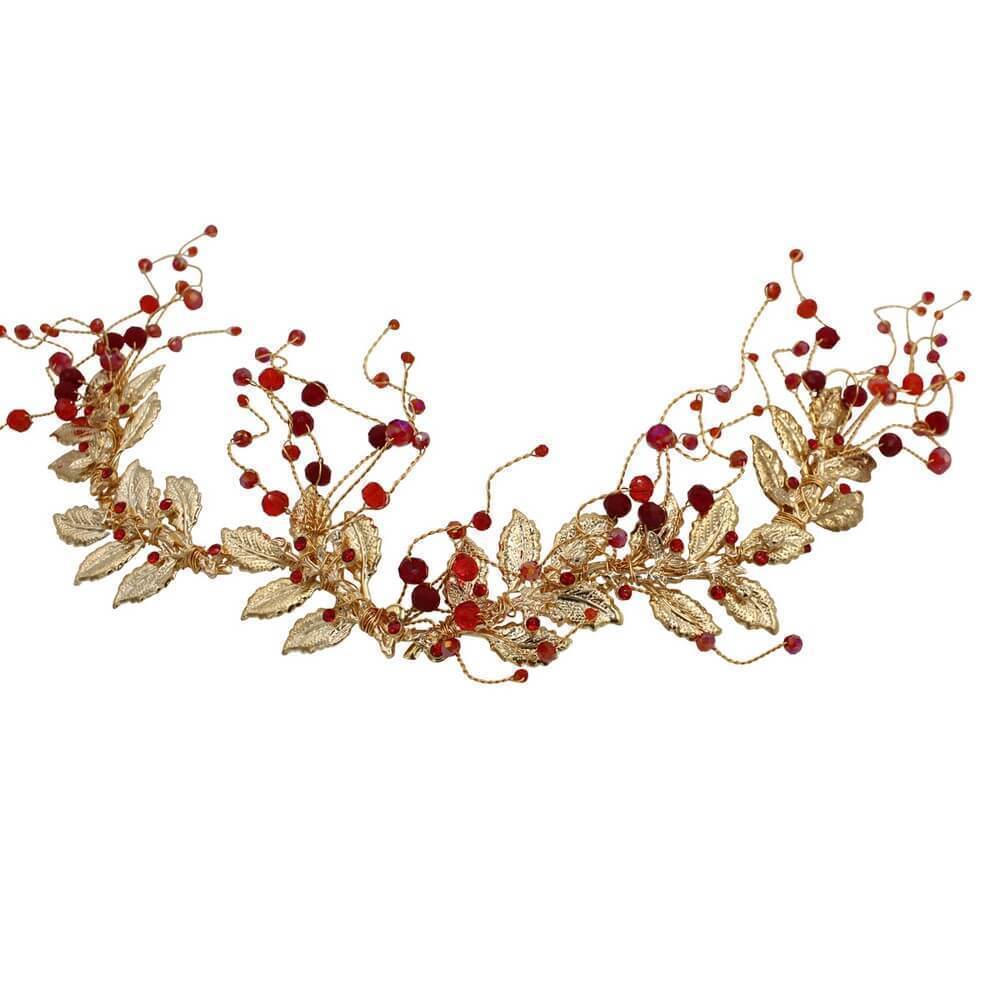 Gold Leaf and Burgundy Stone Spray Hair Vine AC1200-Headpieces 2025 -Viniodress-Headband-