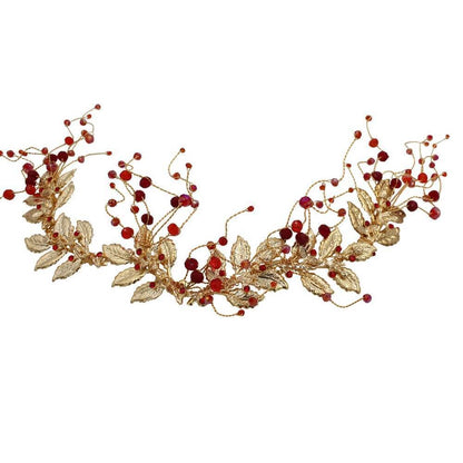 Gold Leaf and Burgundy Stone Spray Hair Vine AC1200-Headpieces 2025 -Viniodress-Headband-