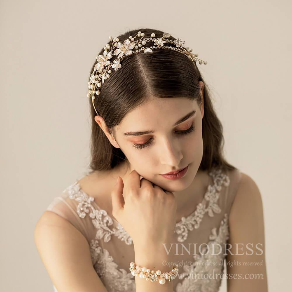Gold Ornate Headband with Leaf and Pearl AC1116-Headpieces 2025 -Viniodress-Headband-
