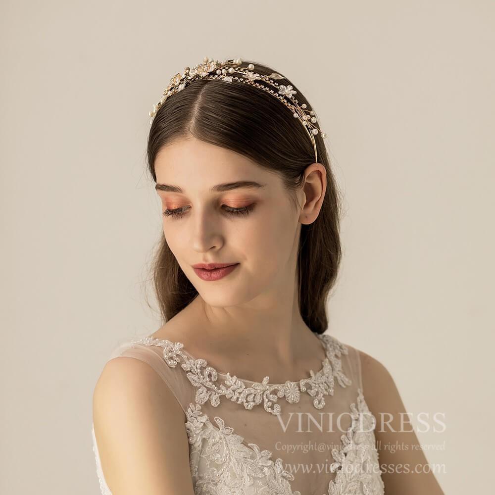 Gold Ornate Headband with Leaf and Pearl AC1116-Headpieces 2025 -Viniodress-Headband-