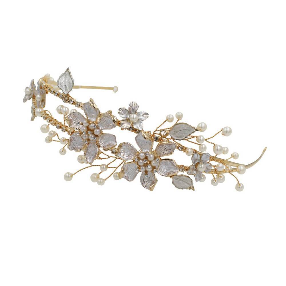 Gold Ornate Headband with Leaf and Pearl AC1116-Headpieces 2025 -Viniodress-Headband-