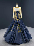 Gold Pageant Gown Navy Blue Mermaid Prom Dresses with Sleeves FD2426 viniodress-prom dresses-Viniodress-Viniodress