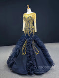 Gold Pageant Gown Navy Blue Mermaid Prom Dresses with Sleeves FD2426 viniodress-prom dresses-Viniodress-Viniodress