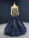 Gold Pageant Gown Navy Blue Mermaid Prom Dresses with Sleeves FD2426 viniodress