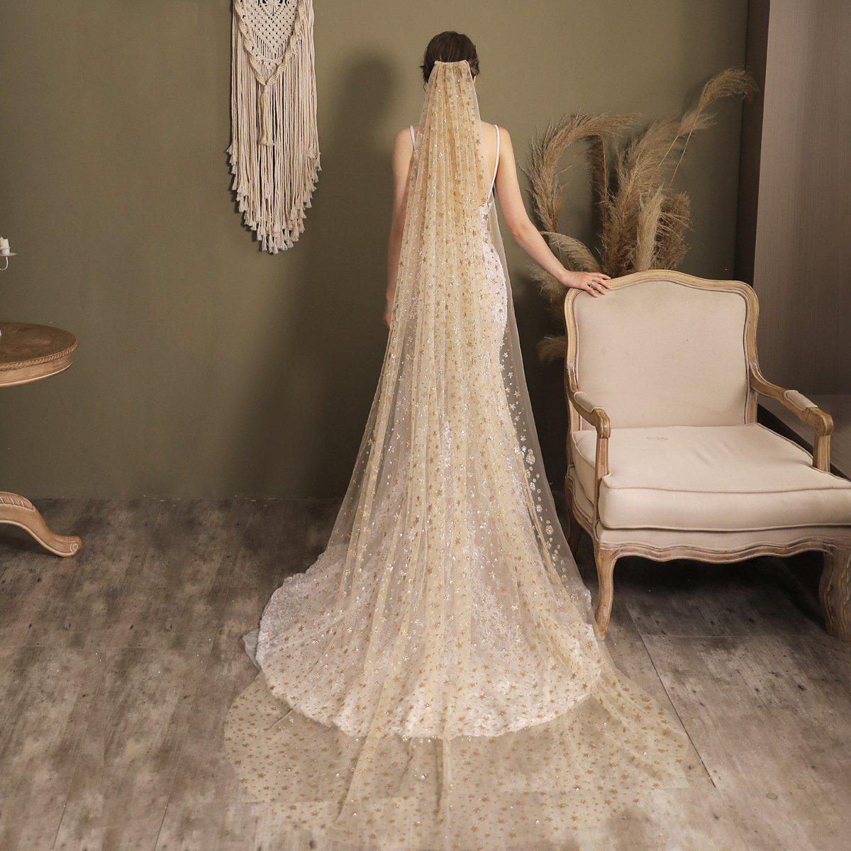 Gold Star Cathedral Veil-Accessories 2025 -Viniodress-Gold-