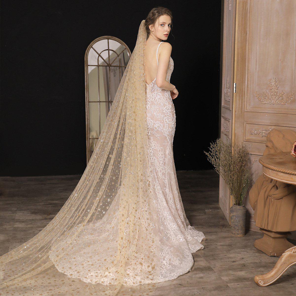 Gold Star Cathedral Veil-Accessories 2025 -Viniodress-Gold-