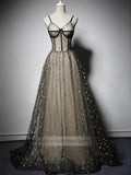 Gold Star Lace Long Prom Dresses Spaghetti Strap Black Formal Dress FD1050