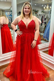Gorgeous Red Lace Applique Prom Dress with Plunging V-Neck Spaghetti Strap FD3469