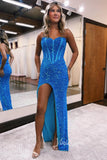 Gorgeous Strapless Mermaid Sequin Prom Dress with Sweetheart Neck and High Slit FD3458-prom dresses-Viniodress-Blue-Custom Size-Viniodress