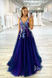 Gradient Blue Floral Applique Prom Dresses V-Neck A-Line Evening Dress FD3124