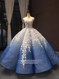 Gradient Blue Princess Ball Gown 3D Flower Debut Dress 66698 viniodress
