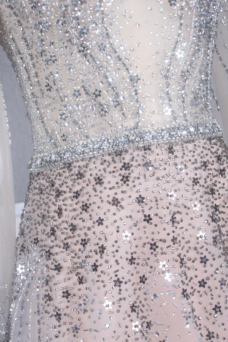 Gray Beaded High Neck Porm Dresses Long Sleeve Evening Dress FD2502-prom dresses-Viniodress-Viniodress