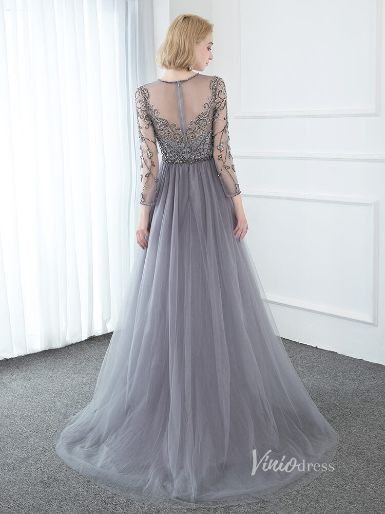 Gray Beaded Sheath Prom Dresses Overskirt Formal Dress FD2376-prom dresses-Viniodress-Viniodress