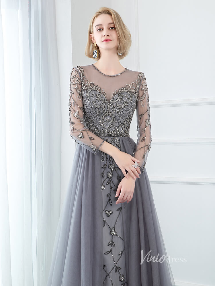 Gray Beaded Sheath Prom Dresses Overskirt Formal Dress FD2376-prom dresses-Viniodress-Viniodress