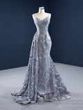 Gray Lace Mermaid Prom Dresses Spaghetti Strap Pearl Dress FD2447 viniodress