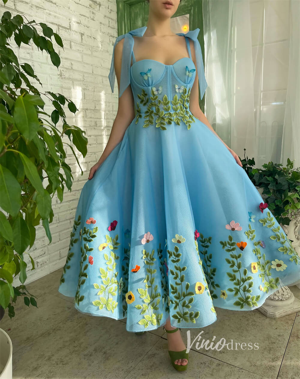 Green Leaf Blue Prom Dress with Pockets Floral Maxi Dress SD1440-prom dresses-Viniodress-Blue-Custom Size-Viniodress