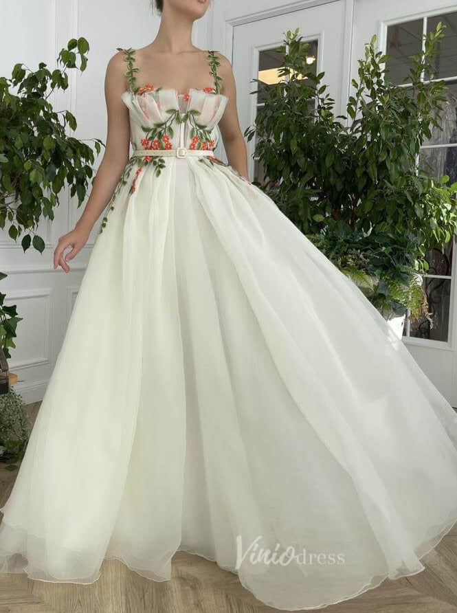 Green Leaf Lace Appliqued Prom Dress with Pockets VW1142-wedding dresses-Viniodress-Champagne-Custom Size-Viniodress