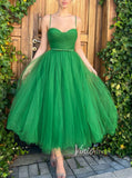 Green Midi Length Prom Dresses Spaghetti Strap Tulle Evening Dresses FD2987