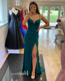 Green Satin Prom Dresses with Slit Mermaid Spaghetti Strap Evening Dress FD3379-prom dresses-Viniodress-Viniodress