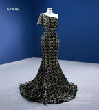 Green Sequin Mermaid Prom Dress One Shoulder Sleeve Evening Dress 67476
