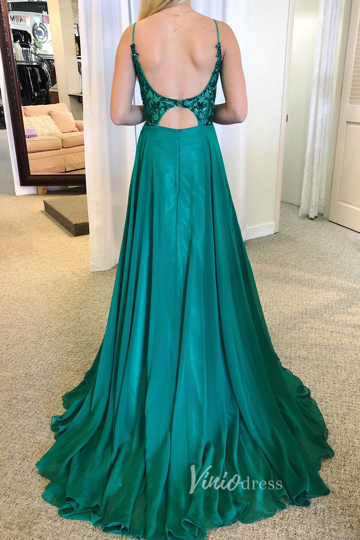 Green Spaghetti Strap Prom Dress with Sequin Bodice and Chiffon Skirt FD3477-prom dresses-Viniodress-Viniodress