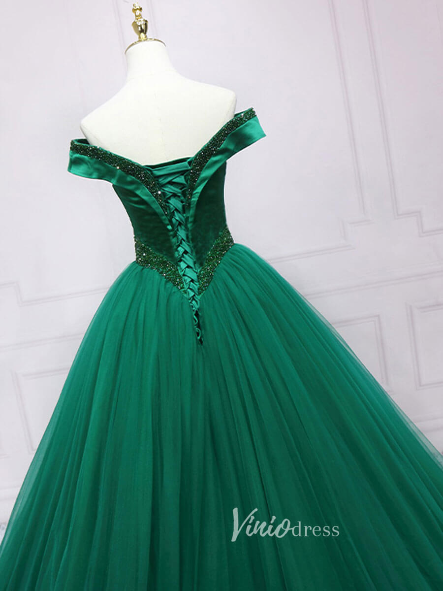 Green Tulle Prom Dresses Off the Shoulder Evening Gown FD3190-prom dresses-Viniodress-Viniodress