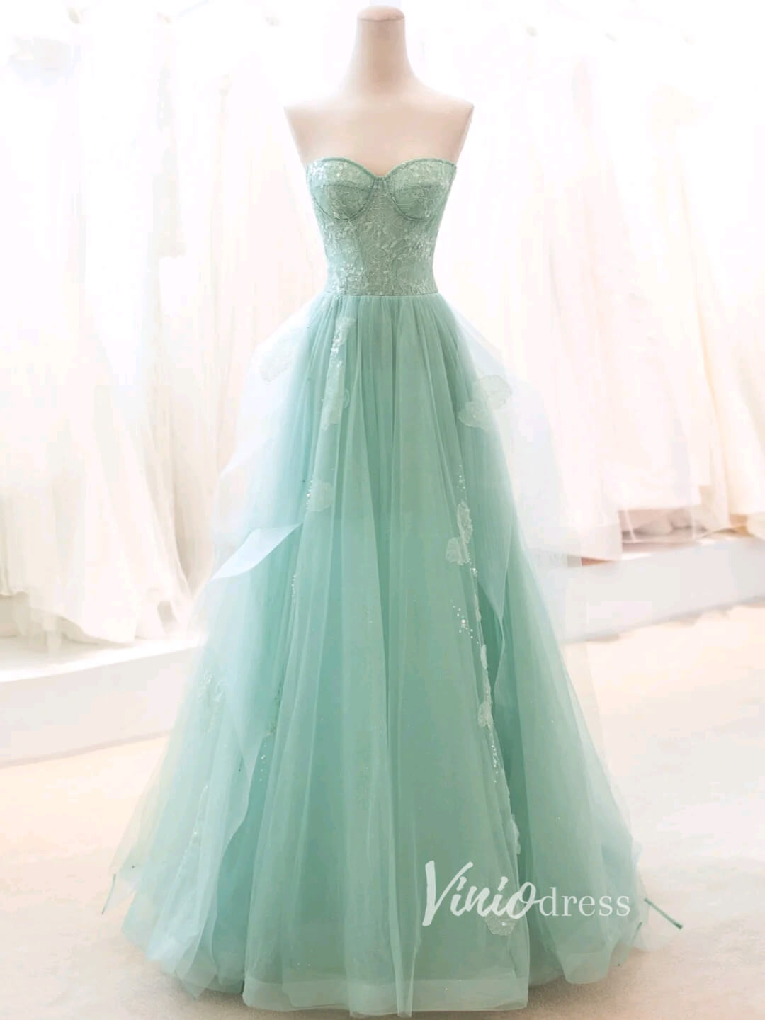 Green Tulle Prom Dresses Strapless Lace Applique Formal Dress FD3427-prom dresses-Viniodress-Green-Custom Size-Viniodress