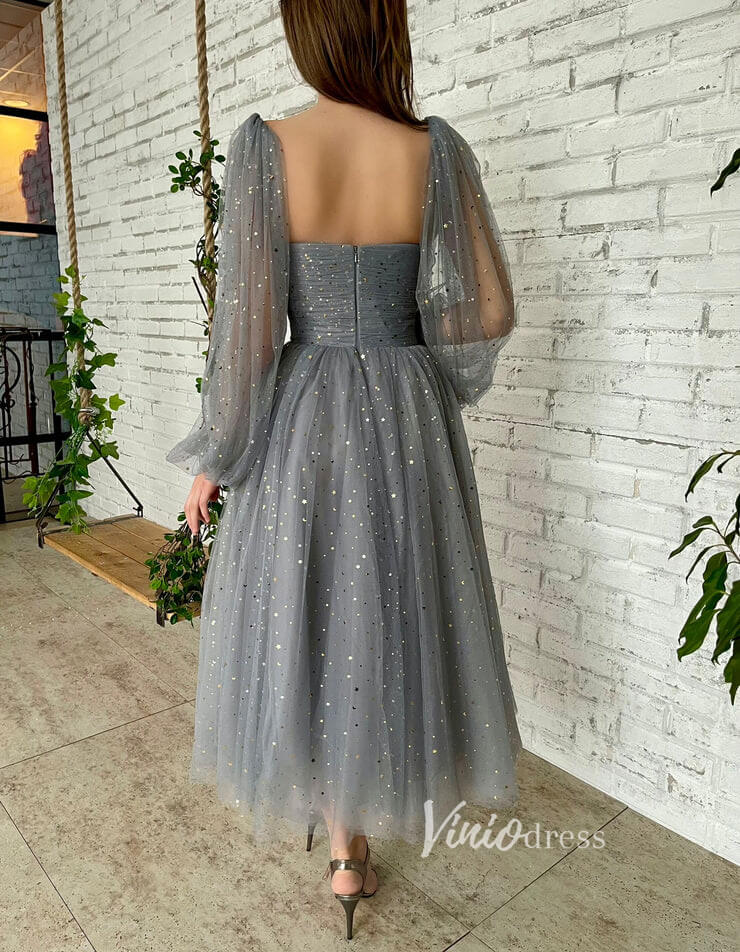 Grey Bishop Sleeve Prom Dresses Starry Tulle Maxi Dresses FD2768-prom dresses-Viniodress-Viniodress