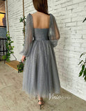 Grey Bishop Sleeve Prom Dresses Starry Tulle Maxi Dresses FD2768-prom dresses-Viniodress-Viniodress