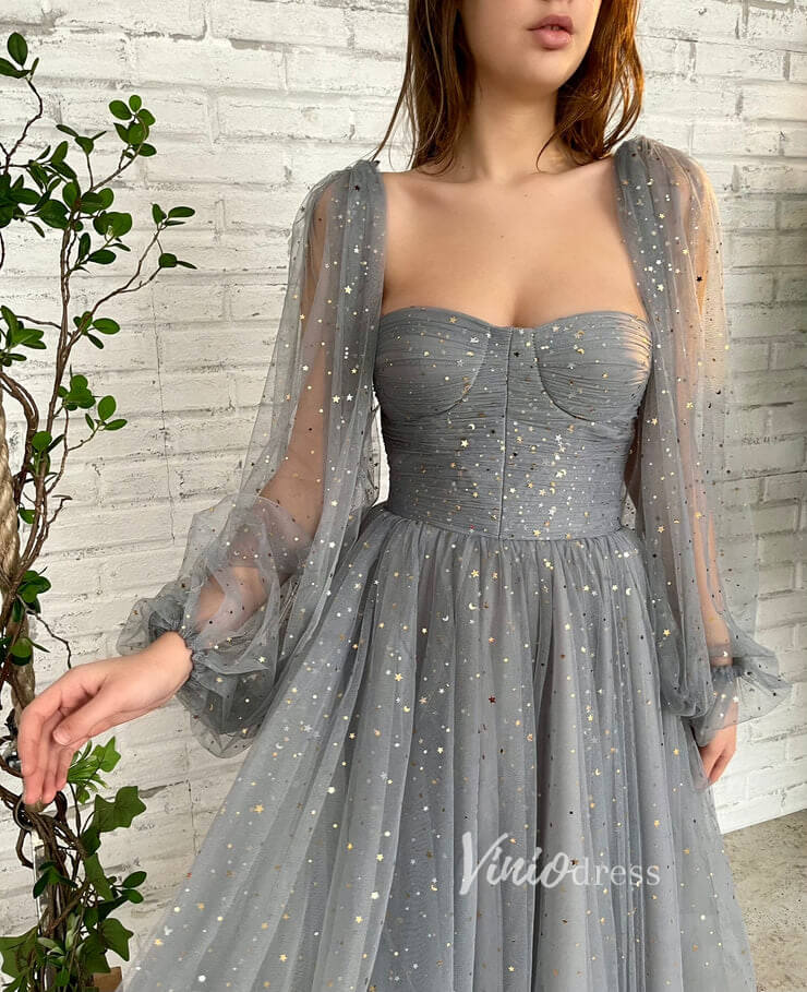 Grey Bishop Sleeve Prom Dresses Starry Tulle Maxi Dresses FD2768-prom dresses-Viniodress-Viniodress