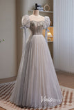 Grey Shimmering Sparkly Tulle Prom Dresses with Puffed Sleeve FD3520-prom dresses-Viniodress-Viniodress