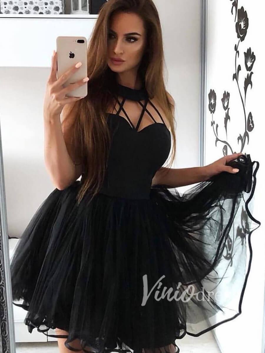 Halter Little Black Dress Short Tulle Homecoming Dresses SD1143-homecoming dresses-Viniodress-Black-Custom Size-Viniodress