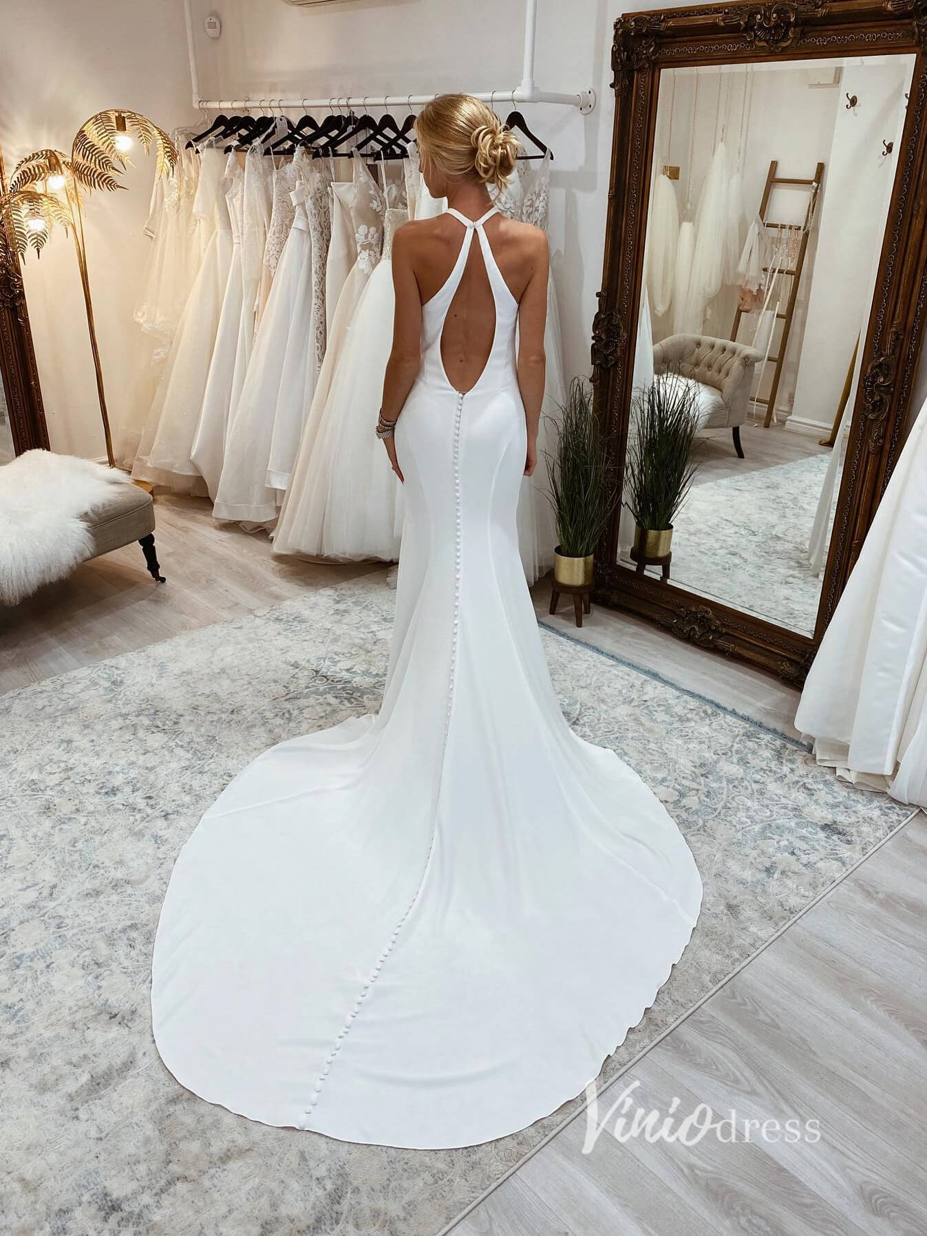 Halter Neck Satin Wedding Dresses Open Back Modern Bridal Dress VW2138-wedding dresses-Viniodress-Ivory-Custom Size-Viniodress