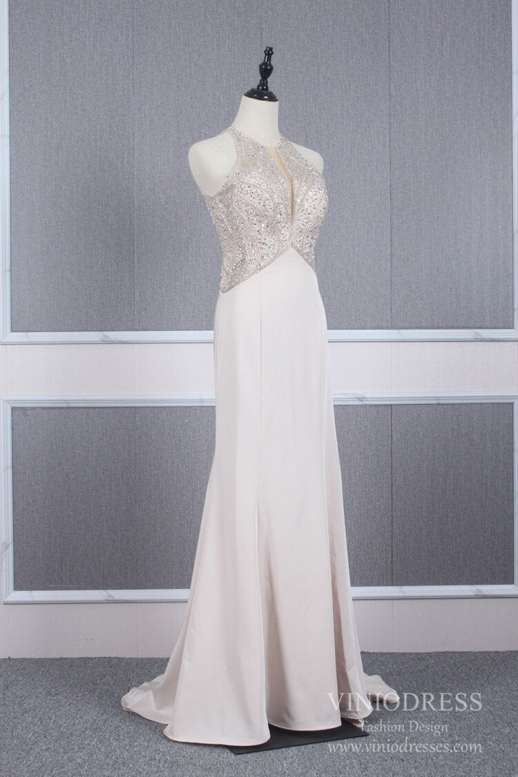 Halter Pearl Pink Long Prom Dresses Beaded Sheath Evening Dress FD2508-prom dresses-Viniodress-Viniodress